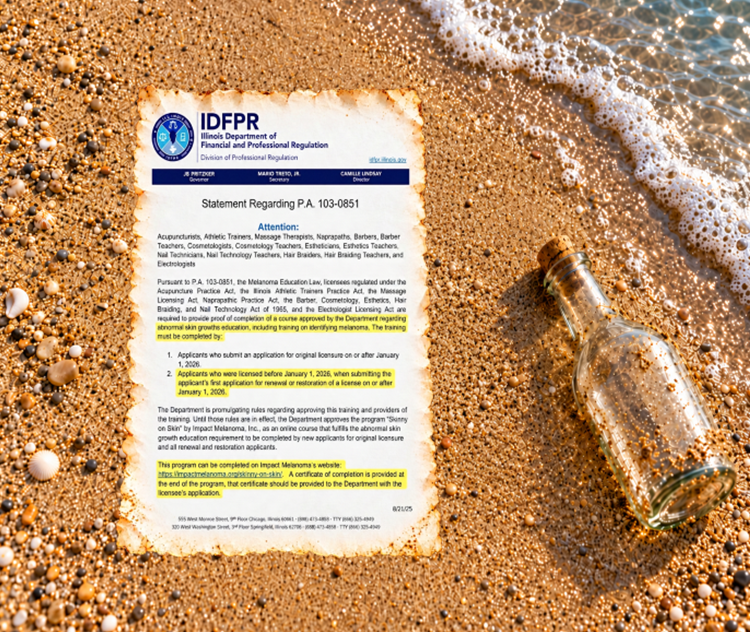 A message in a bottle on the beach next to the IDFPR statement regarding P.A. 103-0851